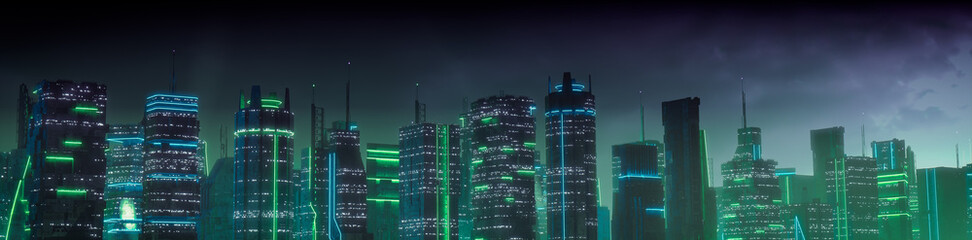 Cyberpunk City Skyline with Green and Blue Neon lights. Night scene with Advanced Superstructures.