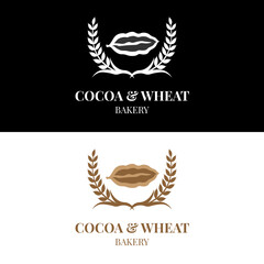 Cocoa bean with wheat grains for retro vintage bakery logo design