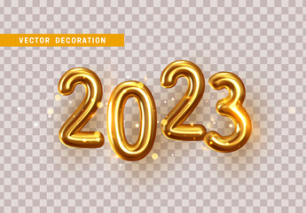 Happy New Year 2023. Golden metal numbers. Realistic 3d render signs. Luminous bright splash of gold bokeh lights. Isolated on transparent background. vector illustration - obrazy, fototapety, plakaty