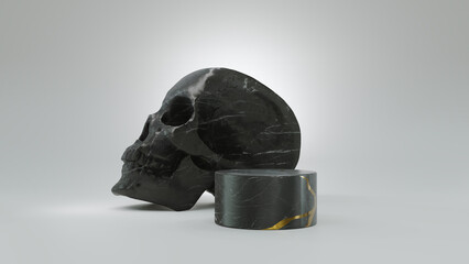 An abstract small marble platform repaired with gold in the Kintsugi method, backed by a marble skull - 548121928