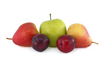Pears, plums and green apple over white background