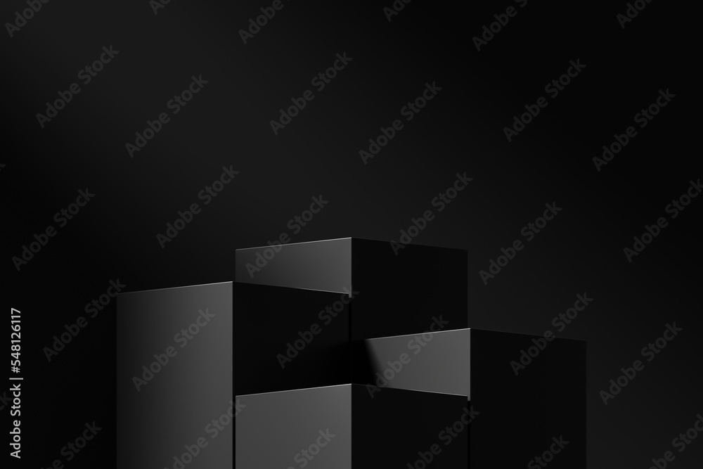 Fototapete Black podium stage empty cube background spotlight 3d pedestal space stand of blank product display show object platform or dark presentation scene abstract light luxury showcase template backdrop.