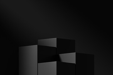 Black podium stage empty cube background spotlight 3d pedestal space stand of blank product display show object platform or dark presentation scene abstract light luxury showcase template backdrop. - obrazy, fototapety, plakaty