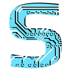Latin digital letter S perforated with PCB circuit board tracks isolated on white. Colored capital initial letter for headlines of modern digital world. Design element.