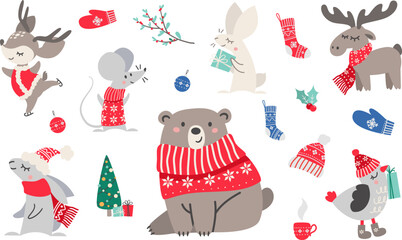 Vector set of Christmas characters. Animals in winter clothes. Cute mouse, bear, deer, moose, hare, sparrow. New Year tree with gifts. Mittens, hats, Christmas decorations, Christmas tree.