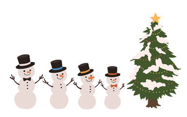 雪だるまたち　並んだ　カワイイ　雪の結晶　クリスマスツリー　フレーム