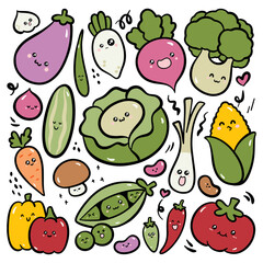 Hand drawn kawaii vegetables doodle