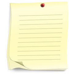 Few of lined yellow sheet paper with pin on white background. Shadow under the sticker. Design element.