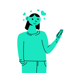 Young woman standing holding smartphone. Addicted girl surfing social media on cell phone. 
addicted to gadgets and technology. Flat vector illustration in line style