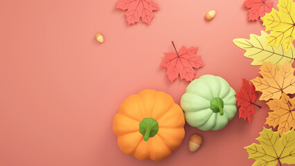Top View Of 3D Render Pumpkins With Acorn, Autumn Leaves Decorated Peach Background And Copy Space.