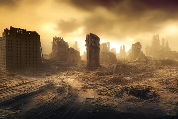 A megalopolis destroyed by a nuclear strike. Consequences of the global military conflict. Realistic digital illustration. Fantastic Background. Concept Art. 
CG Artwork.