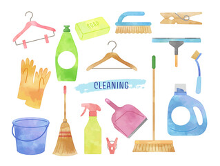daily necessities -cleaning products, vector watercolor hand-drawn illustration set