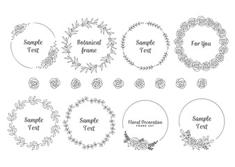 手描きのバラと植物の円形フレーム イラスト素材 モノクロ
