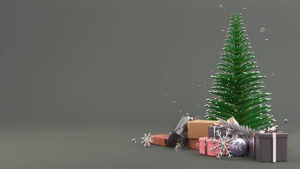 3D Render Of Xmas Or Spruce Tree With Gift Boxes, Silver Snowflakes, Bauble Decorated On Sage Gray Background And Copy Space.