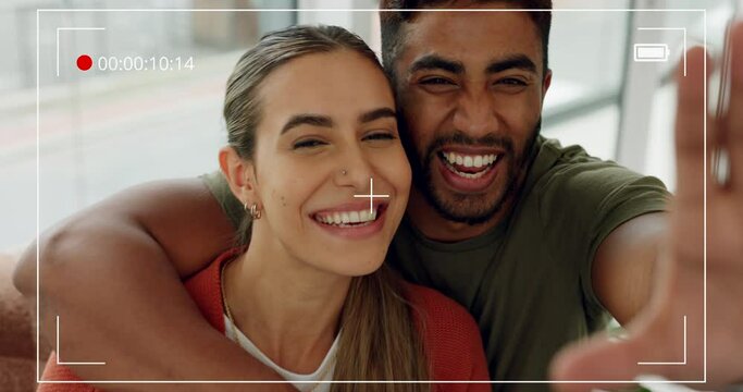 Couple, video frame selfie and kiss of fun and happy or cheerful man and woman bonding with love on a viewfinder screen. Loving, kissing and boyfriend and girlfriend filming silly memory