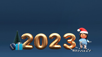 3D Render Golden 2023 Number With Cute Girl Holding Lighting Garland, Xmas Tree And Gift Boxes On Blue Background.