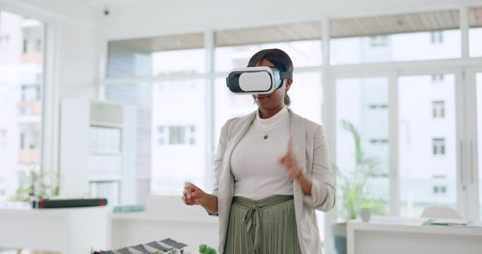 Business, innovation and black woman with vr technology standing in modern office using hands for ui. Ux, futuristic and businesswoman interact with digital interface wearing virtual reality headset