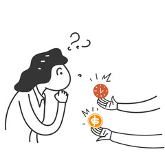 Obraz premium hand drawn doodle business woman confused to choose between money and time illustration