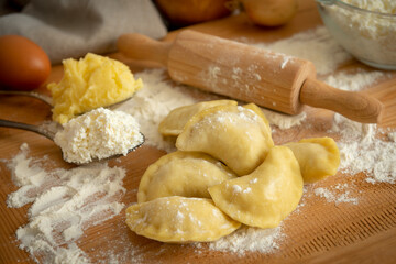 Fototapeta na wymiar The process of cooking dumplings with potatoes and cottage cheese. Traditional Polish cuisine
