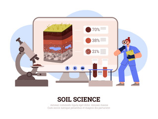 Scientist looking through magnifier and analyzing soil, flat vector illustration isolated on white background.