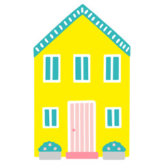 手描き　細長い黄色い家