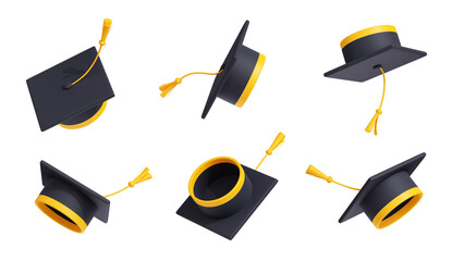 3D render set of academic hat in different positions isolated on white background. Black graduate cap with golden tassel flying in air. School, college, university graduation ceremony celebration
