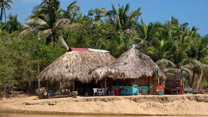Fototapeta na wymiar Thatched buildings on the beach in Zipolite, Mexico, under palm trees