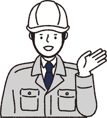 ヘルメット作業着姿の男性_こちら