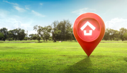 House symbol with location pin icon on earth and green grass in real estate sale or property...