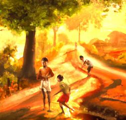 Naklejka na ściany i meble Childrens are playing on the road in the time of morning. Indian village scene with beautiful sunshine.