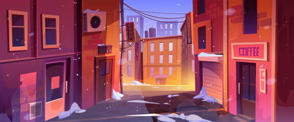 Quiet winter city street corner urban cityscape background with snow, buildings. cafe door, windows, old walls and view on central illuminated road and dusk evening sky, Cartoon vector illustration