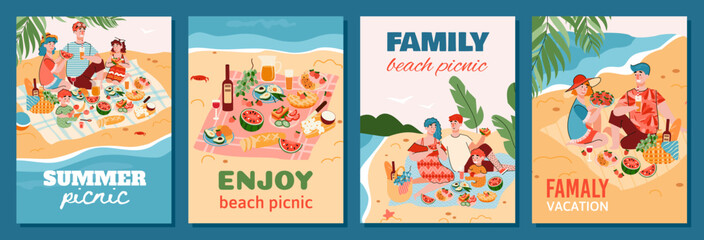 Fototapeta na wymiar Posters for summer family picnic on the beach, flat vector illustration.