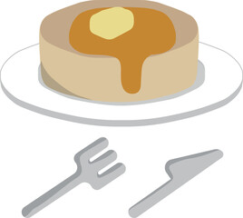 お皿に乗った分厚いパンケーキとナイフとフォーク