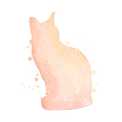 Watercolor pastel cat with splatter silhouette painting clipart