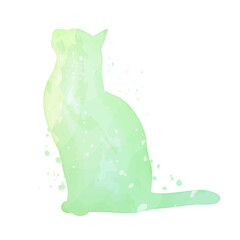 Watercolor pastel cat with splatter silhouette painting clipart