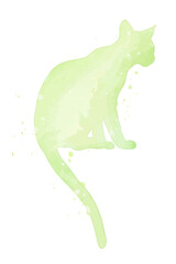 Watercolor pastel cat with splatter silhouette painting clipart