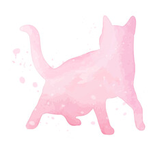 Watercolor pastel cat with splatter silhouette painting clipart