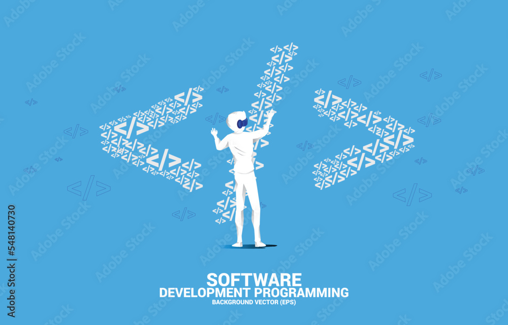 Leinwandbilder Silhouette man wear VR glasses with software development programming multiple tag icons shaped big tag symbol. Concept for Programming language technology and coding.