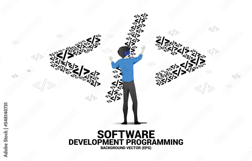 Leinwandbilder Silhouette man wear VR glasses with software development programming multiple tag icons shaped big tag symbol. Concept for Programming language technology and coding.