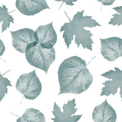 Seamless pattern with green leaves.Halftone effect. Vector illustration