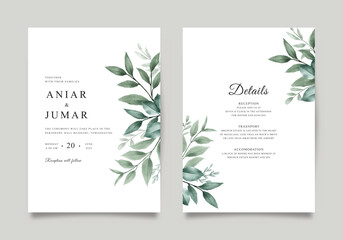 Fototapeta na wymiar Double sided wedding invitation template with watercolor foliage
