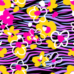  Abstract flowers on a zebra stripes background. Vector seamless pattern for printing on fabric and paper. 