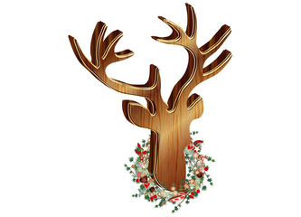 Hirschkopf in Holz Optik mit Weihnachtskranz