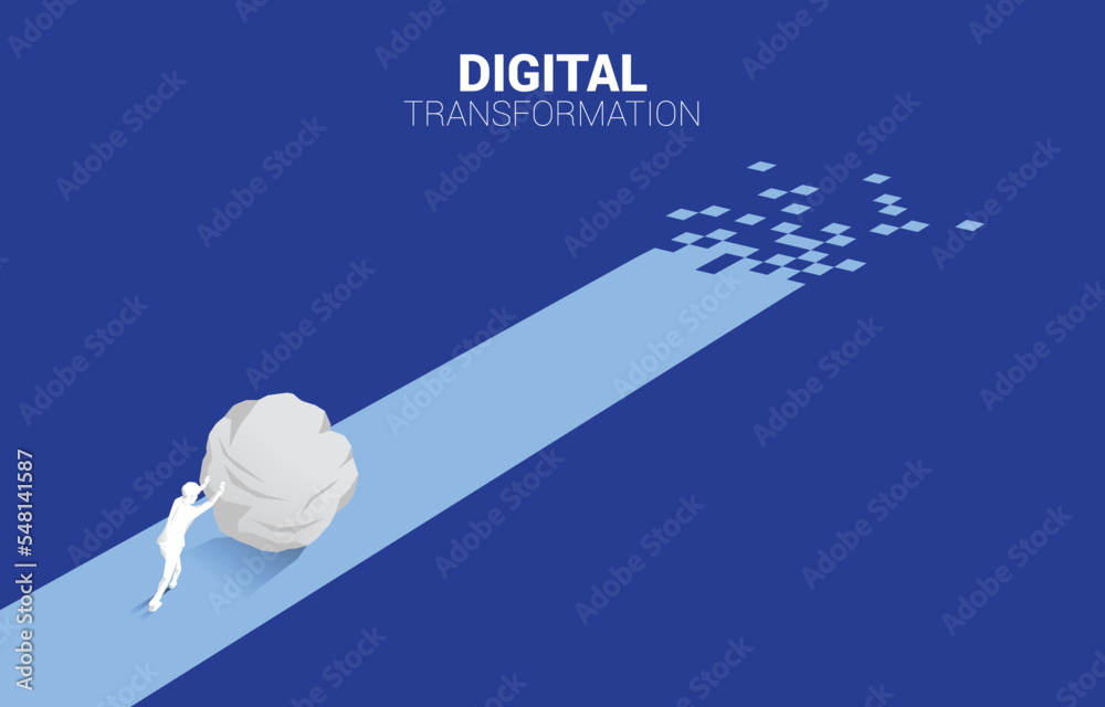 Poster silhouette of businessman push the rock on the way with pixel. concept of digital transformation of 