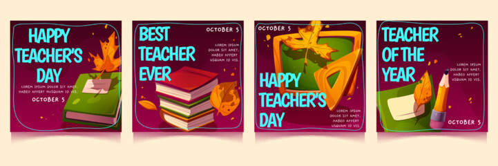 Set of Teachers Day banner templates. Vector cartoon illustration of book, pencil, yellow autumn leaves and school board with space for announcement or congratulation text. Holiday greeting card