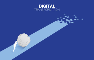 Silhouette of businessman push the rock on the way with pixel. concept of digital transformation of business.