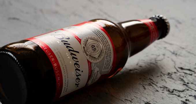 Budweiser. Bottle beer on gray concrete background. 　バドワイザー。グレーのコンクリート床の上の瓶ビール