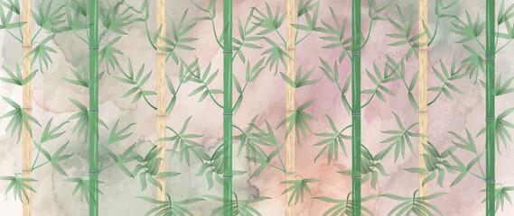 Modern creative design, marble texture background with bamboo. Watercolor. Vector illustration.