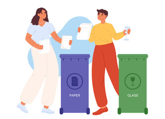 Man and woman sorting glass paper waste for recycling. People throw garbage in containers to recycle