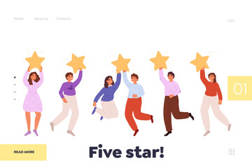 Five star concept of landing page with team with huge rate stars, consumer and user review